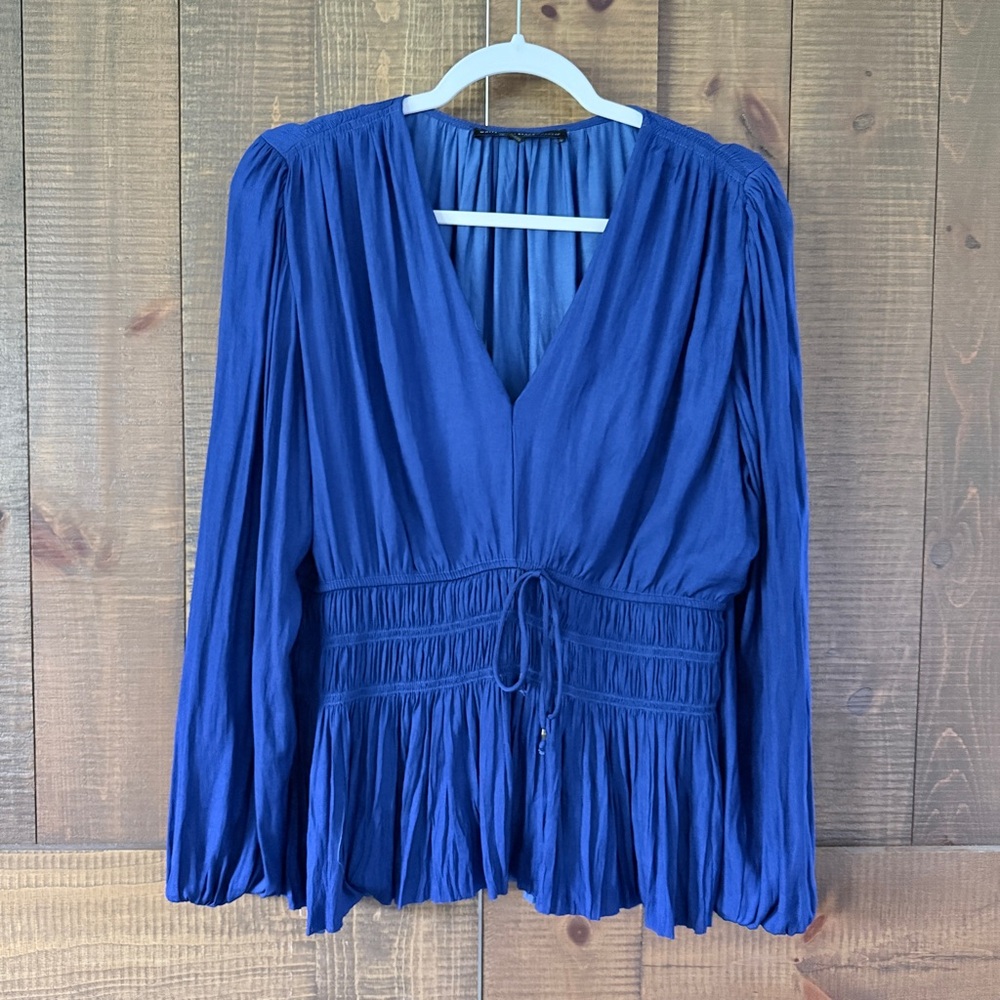 White House Black Market Royal Blue V-Neck Smocked Waist Blouse